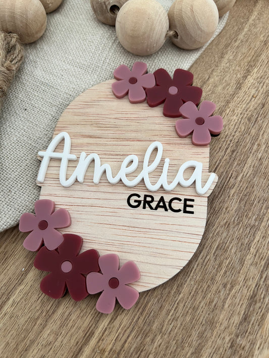 Floral Birth Announcement Plaque — Nursery Door Hanger Personalised