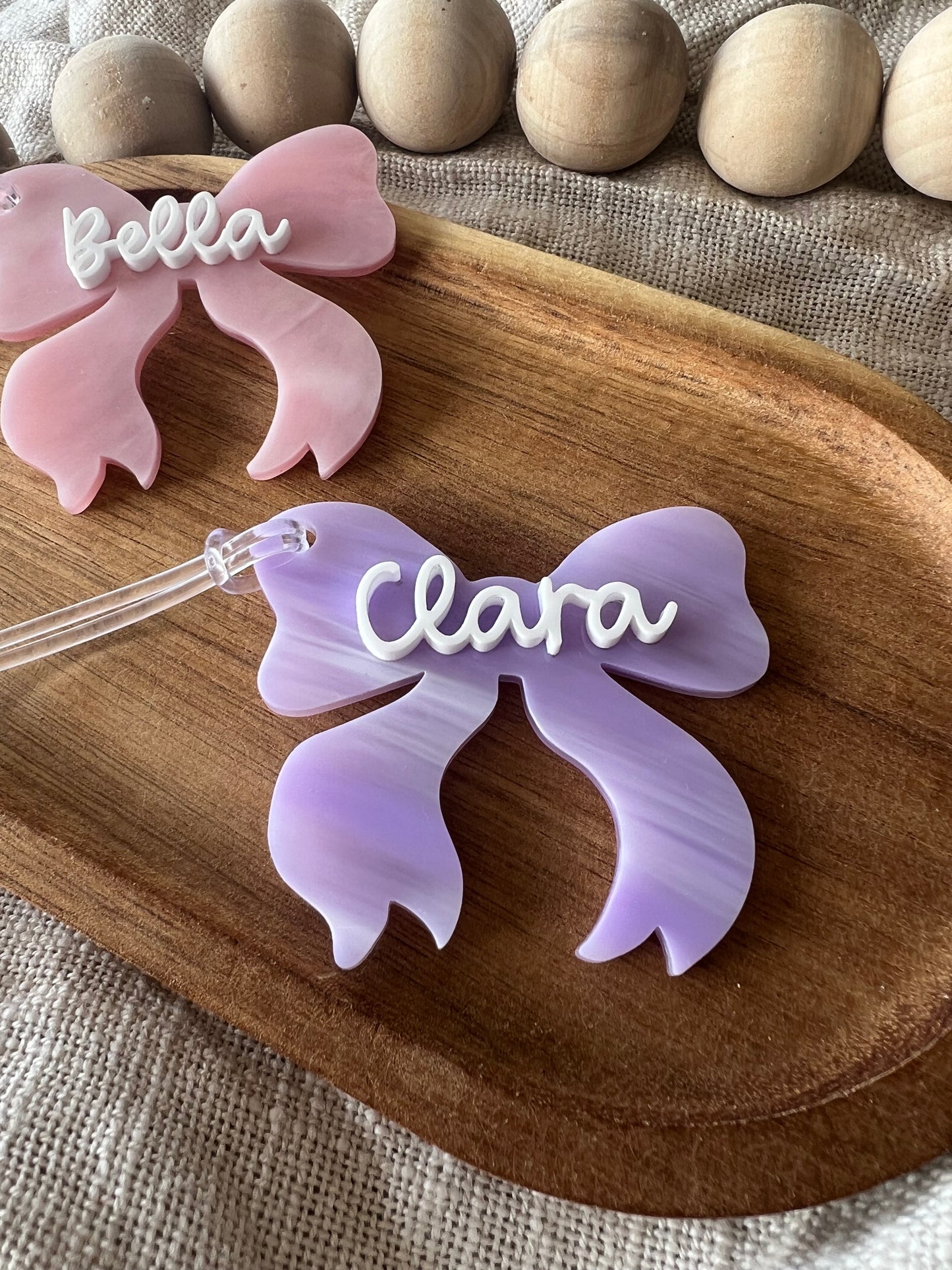 Bow Bag Tag | Pearl Acrylic Bow Shaped Name Tag Keychain