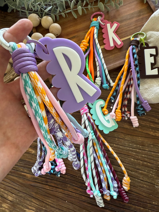Colourful Cord Bag Charm with Personalised Scalloped Tag