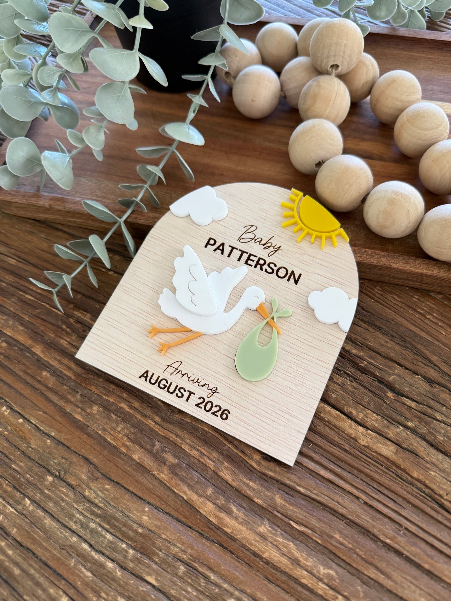 Personalised Wooden Pregnancy Announcement - Oval Shaped Stork Plaque