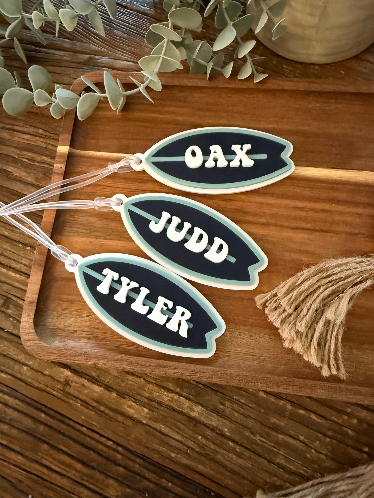 Personalised Surfboard Bag Tag — Custom Name Acrylic Backpack Keychain — Kids School Tag