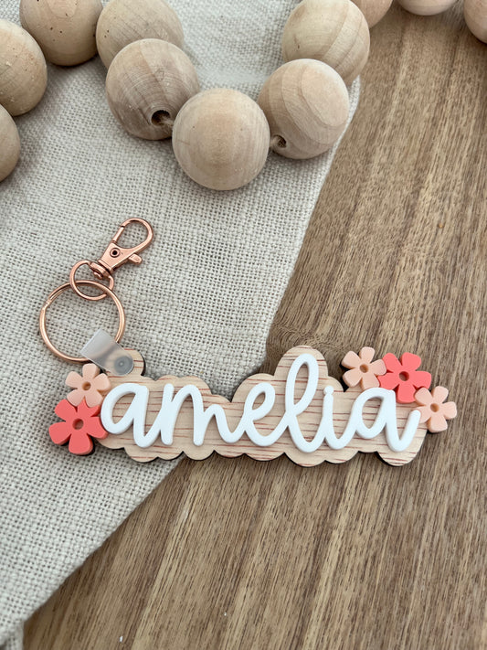 Flower Power Keychain | Personalised Timber Name Bag Tag
