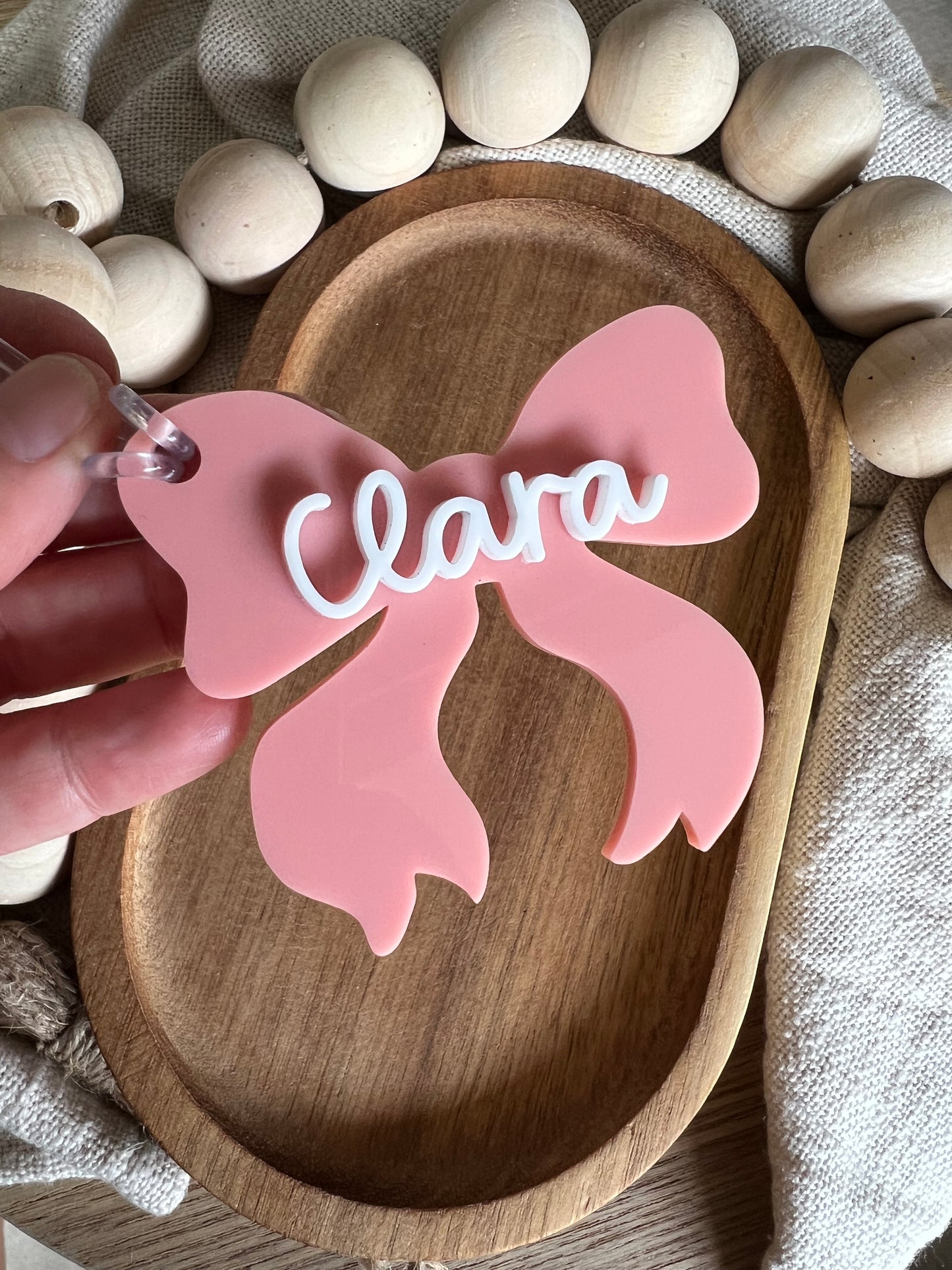 Bow Bag Tag | Pearl Acrylic Bow Shaped Name Tag Keychain