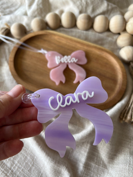 Bow Bag Tag | Pearl Acrylic Bow Shaped Name Tag Keychain