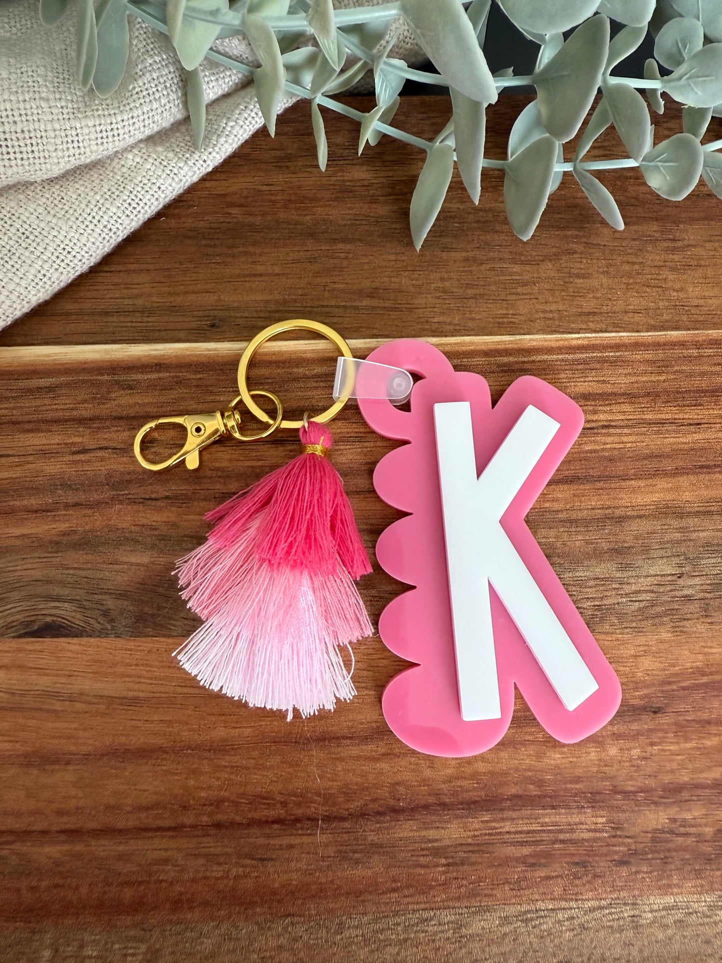 Initial Scalloped Tag with Tassel Keyring