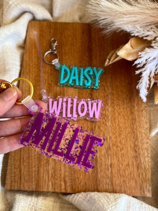 Tinsel Glitter Bag Tag - Custom Name Acrylic Backpack Keychain