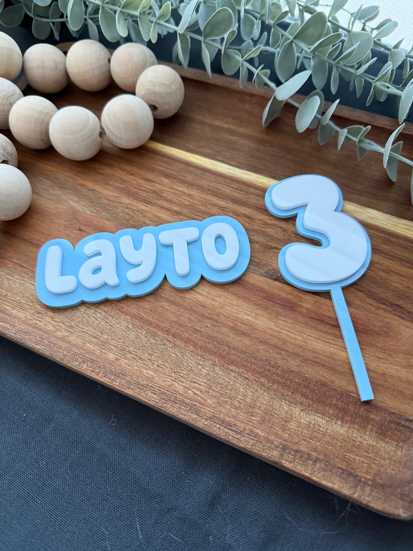 Layered Custom Name Birthday Cake Fropper + Number Topper - Blue Dog