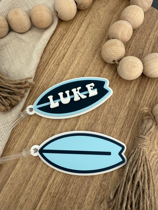 Surfboard Acrylic Name Bag Tag | Backpack Keychain | Blue