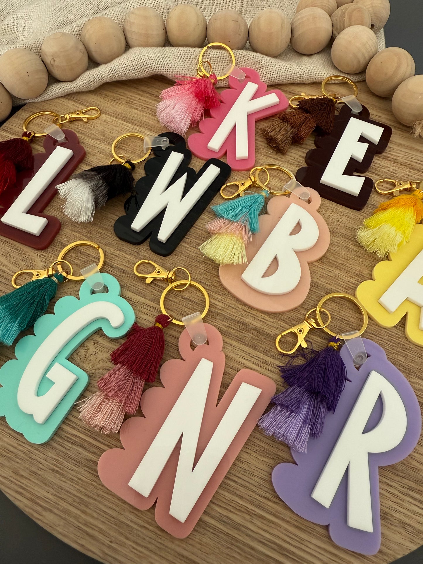 Initial Scalloped Tag with Tassel Keyring