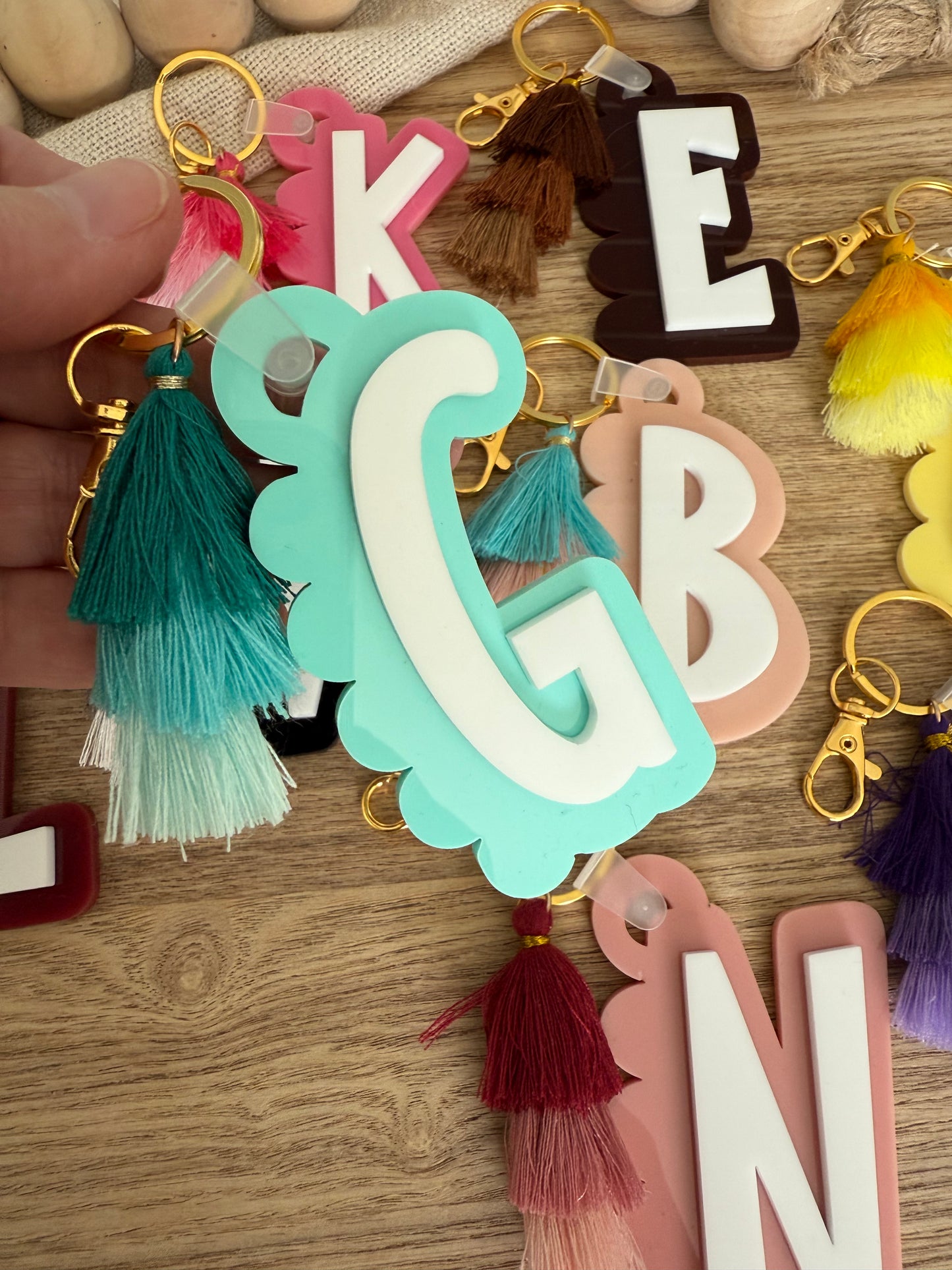 Initial Scalloped Tag with Tassel Keyring