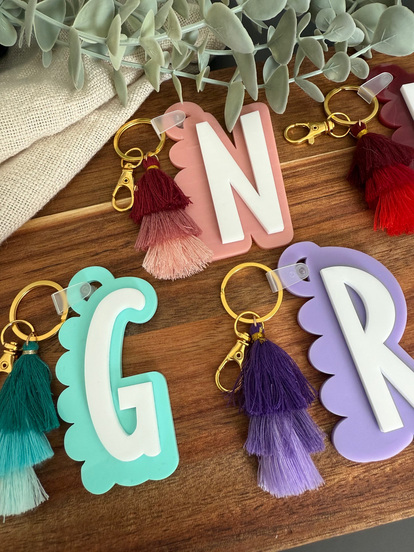 Initial Scalloped Tag with Tassel Keyring