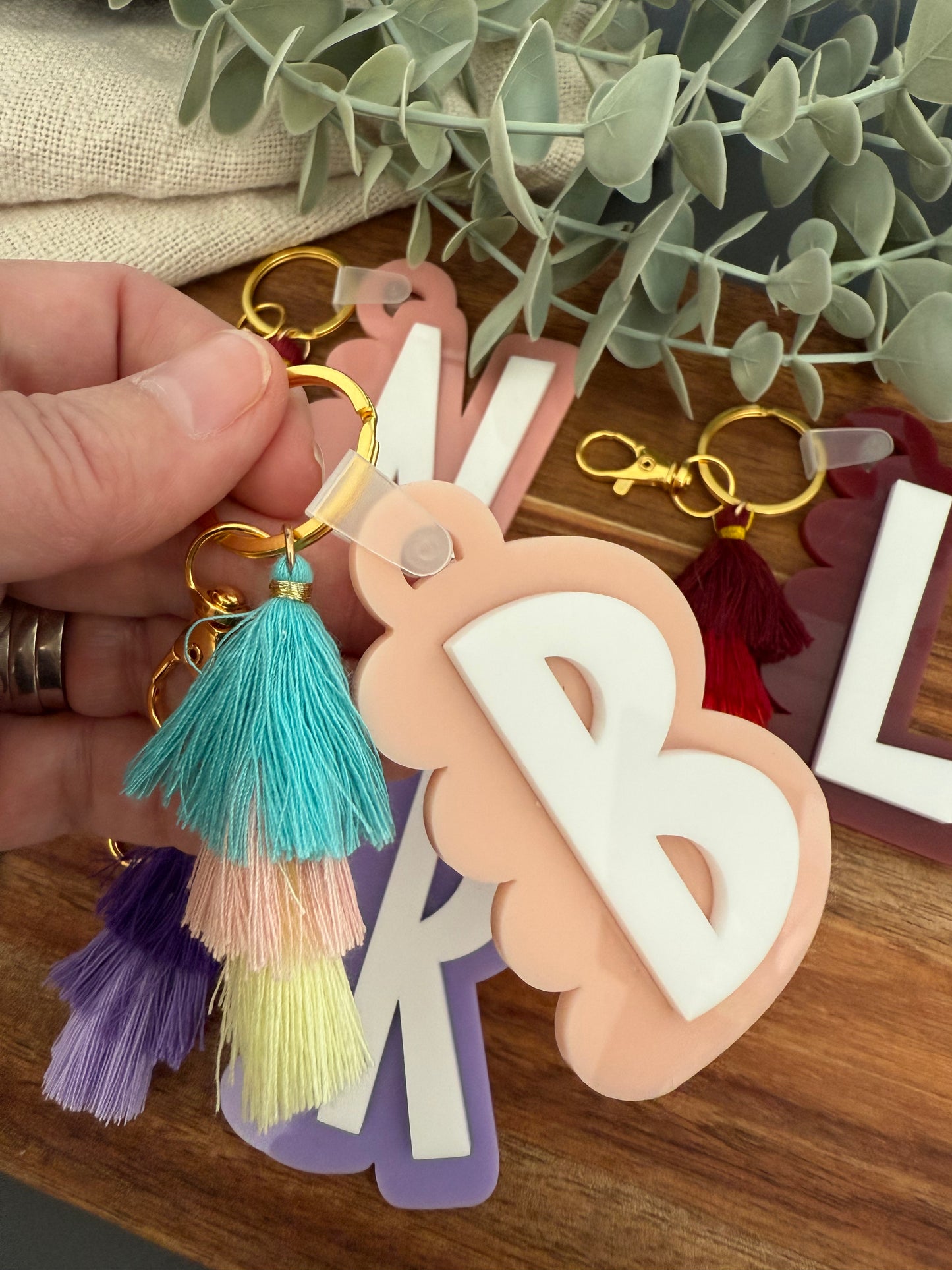 Initial Scalloped Tag with Tassel Keyring