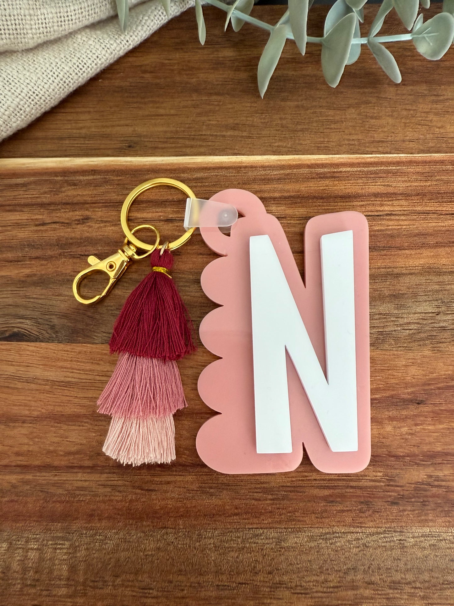 Initial Scalloped Tag with Tassel Keyring