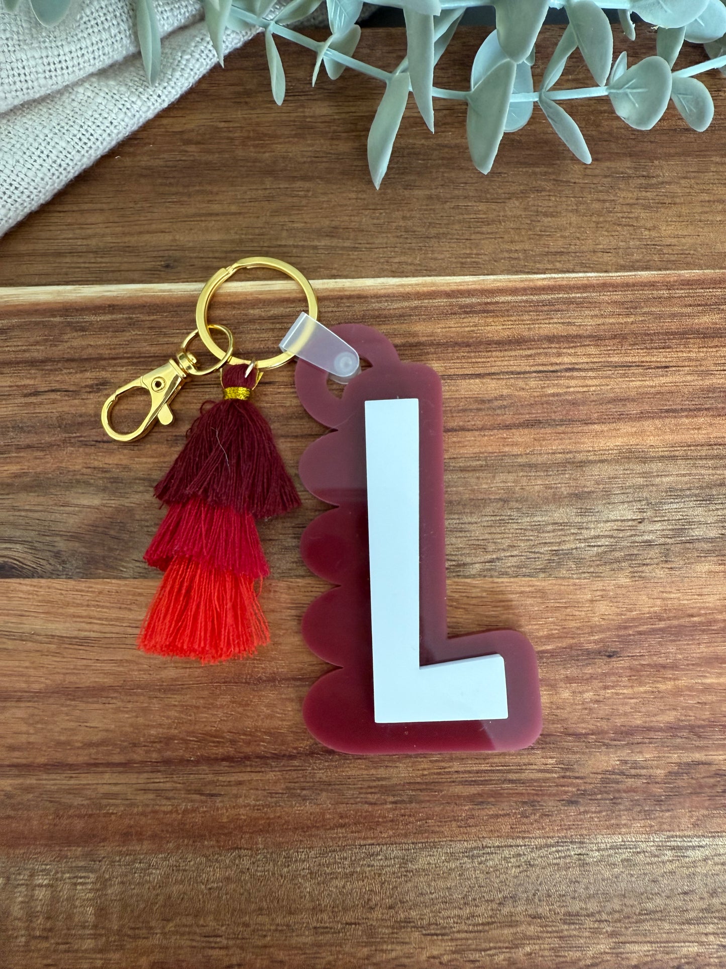 Initial Scalloped Tag with Tassel Keyring
