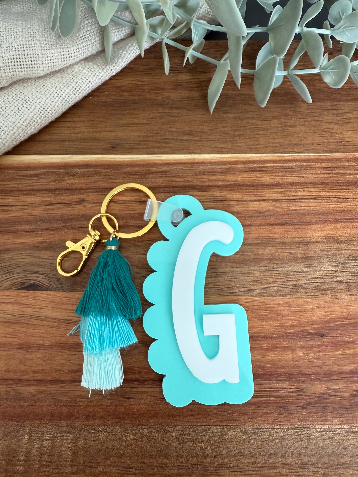 Initial Scalloped Tag with Tassel Keyring