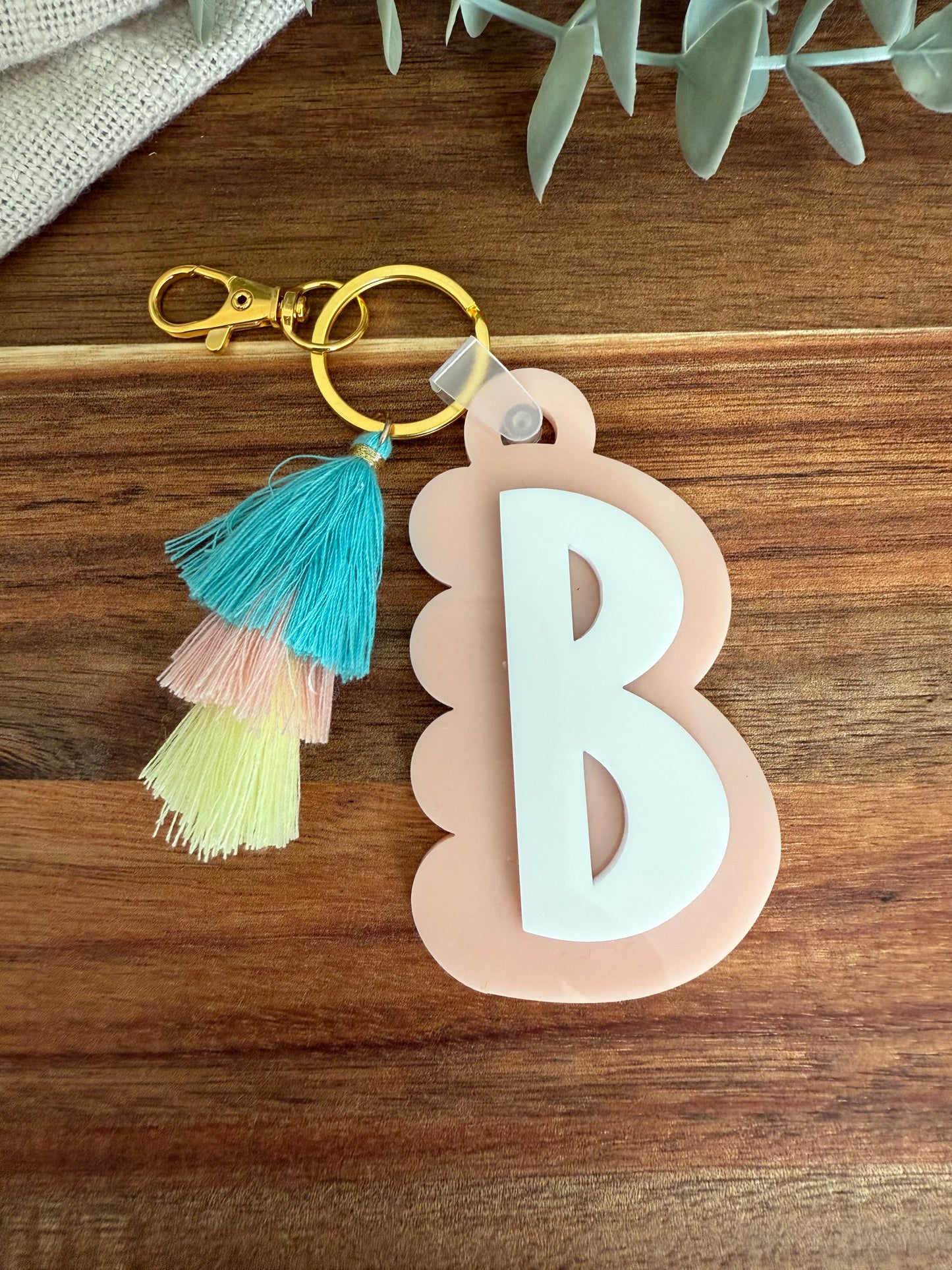 Initial Scalloped Tag with Tassel Keyring