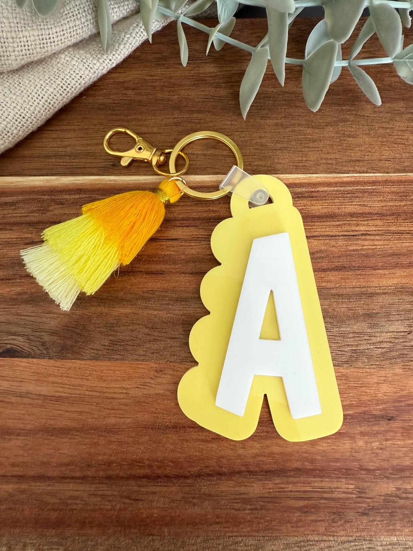 Initial Scalloped Tag with Tassel Keyring