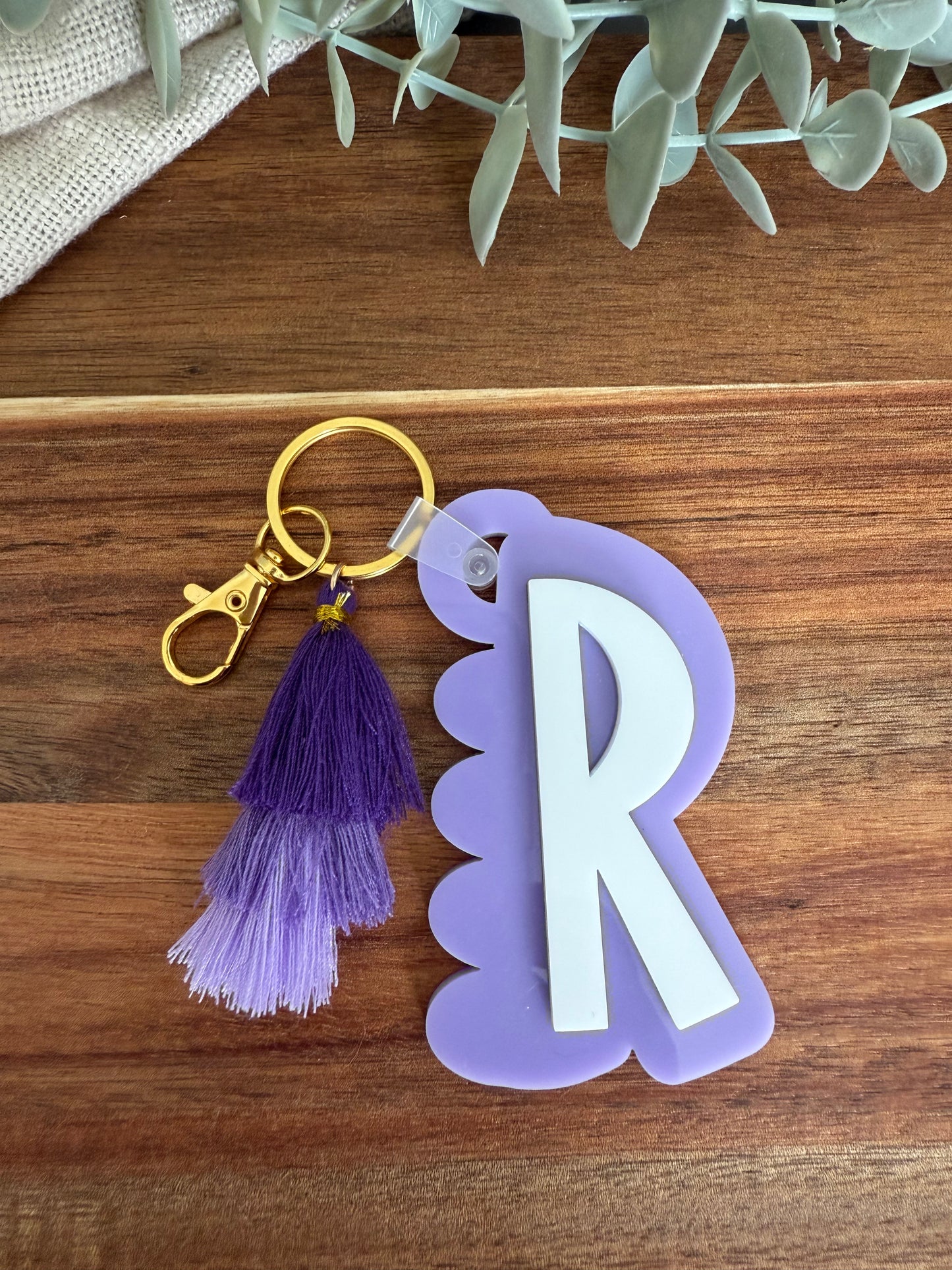 Initial Scalloped Tag with Tassel Keyring