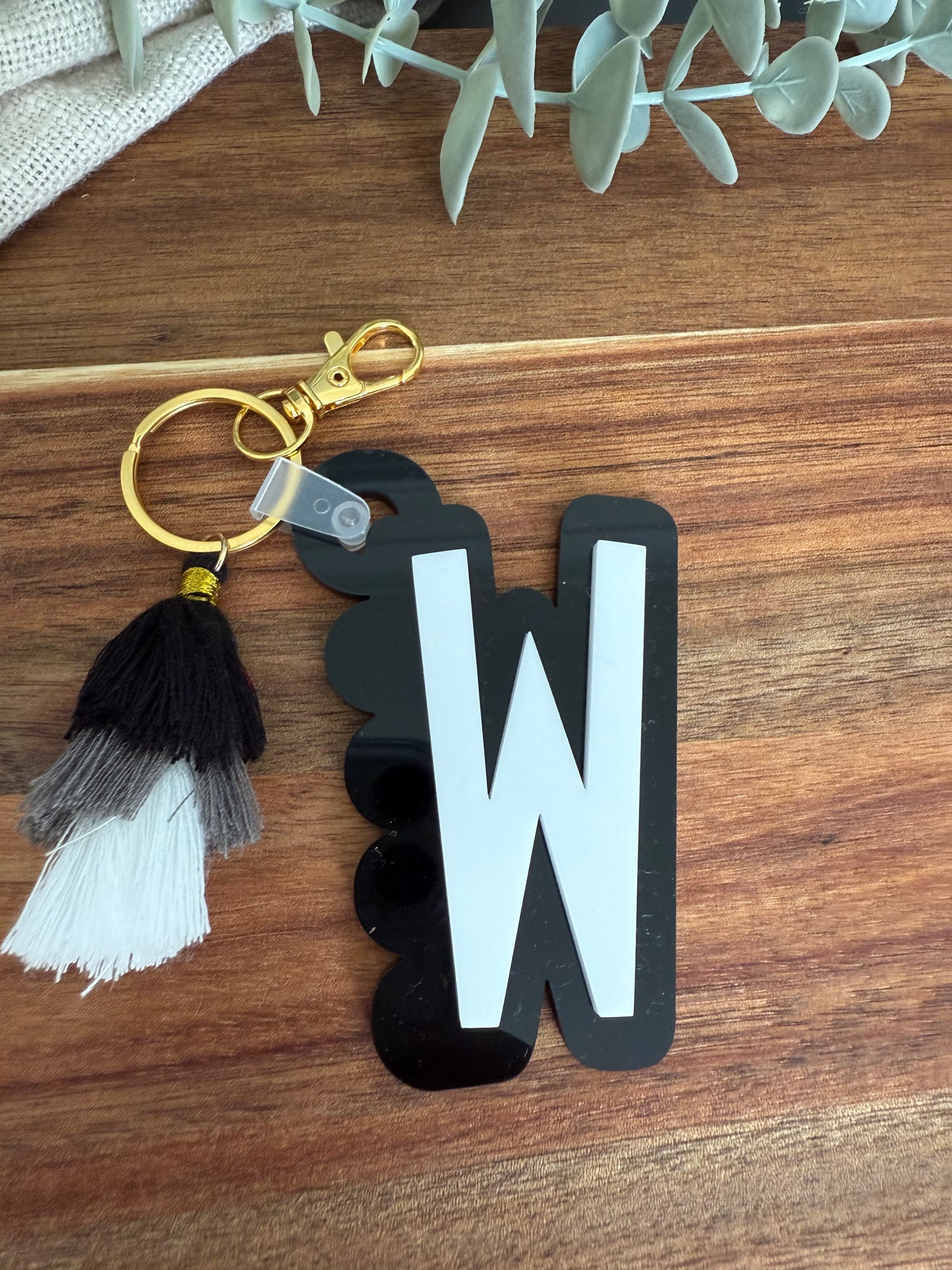 Initial Scalloped Tag with Tassel Keyring
