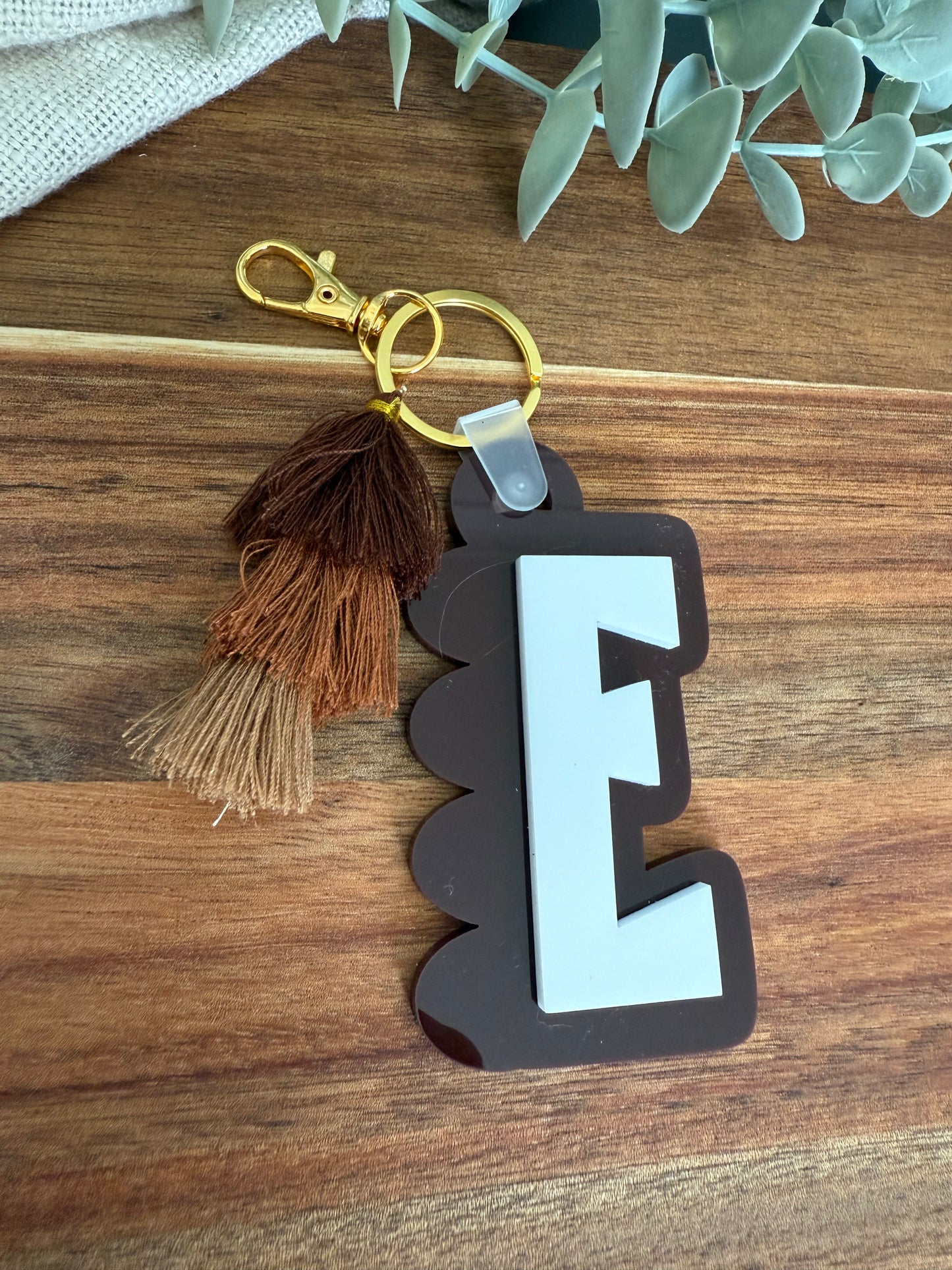 Initial Scalloped Tag with Tassel Keyring