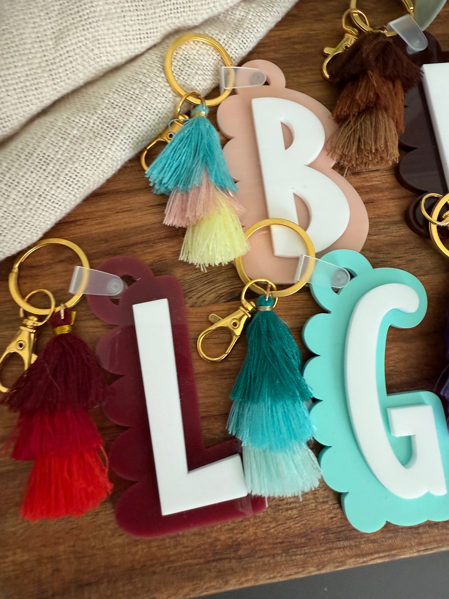Initial Scalloped Tag with Tassel Keyring