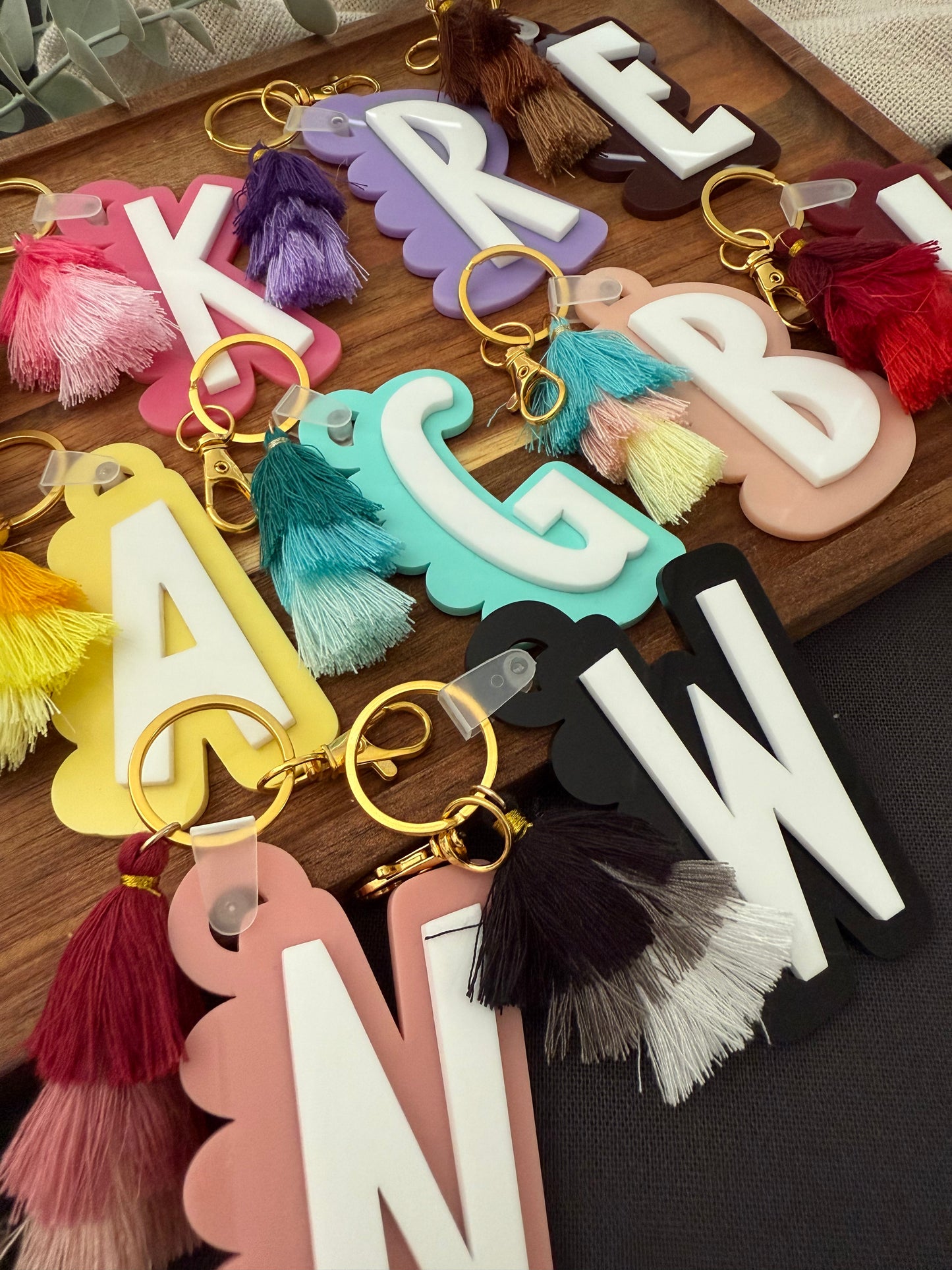 Initial Scalloped Tag with Tassel Keyring