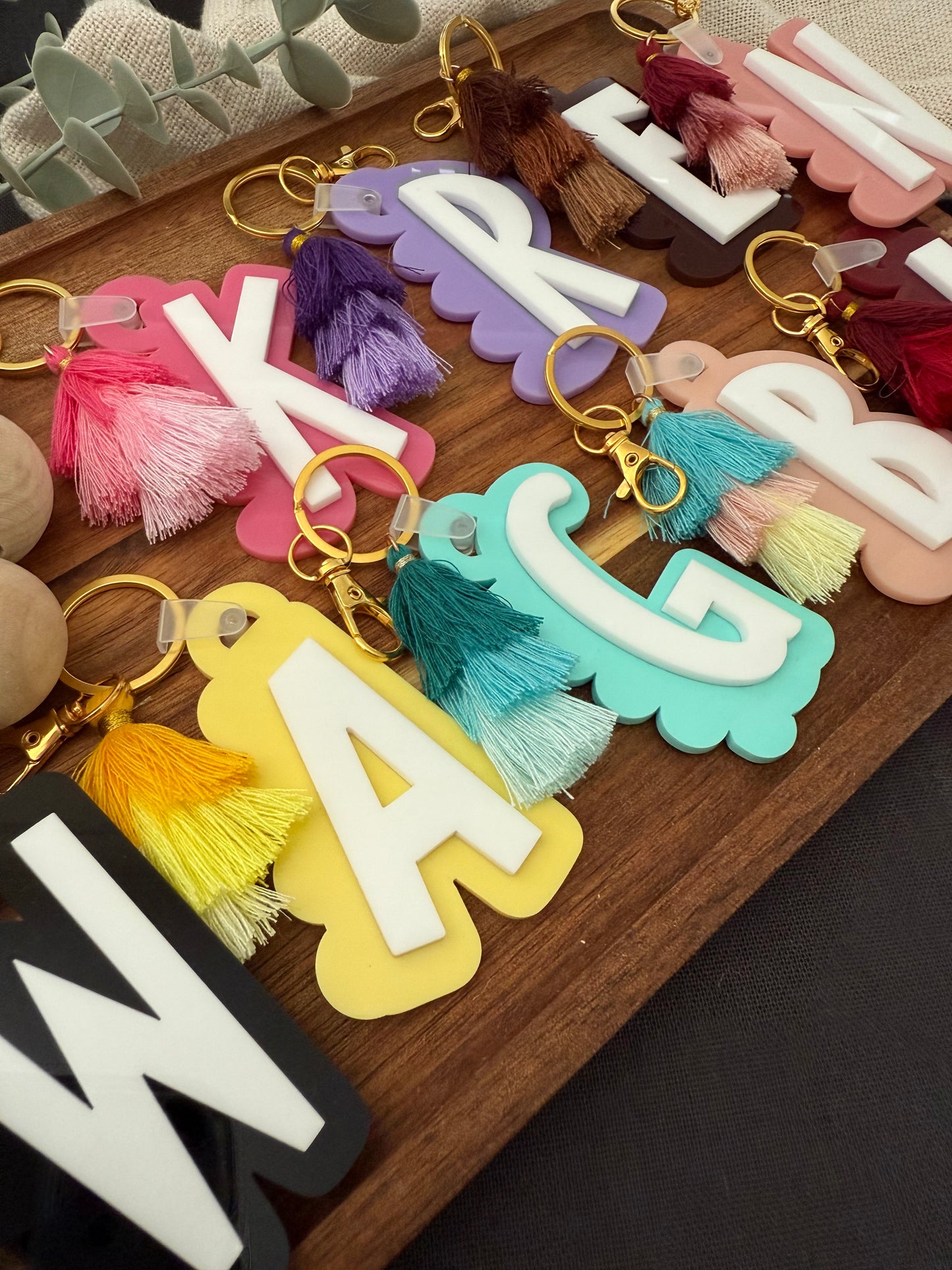Initial Scalloped Tag with Tassel Keyring
