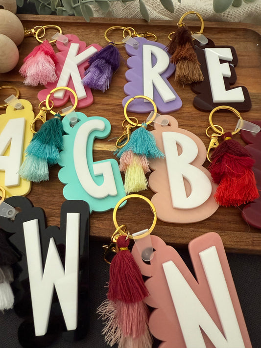 Initial Scalloped Tag with Tassel Keyring