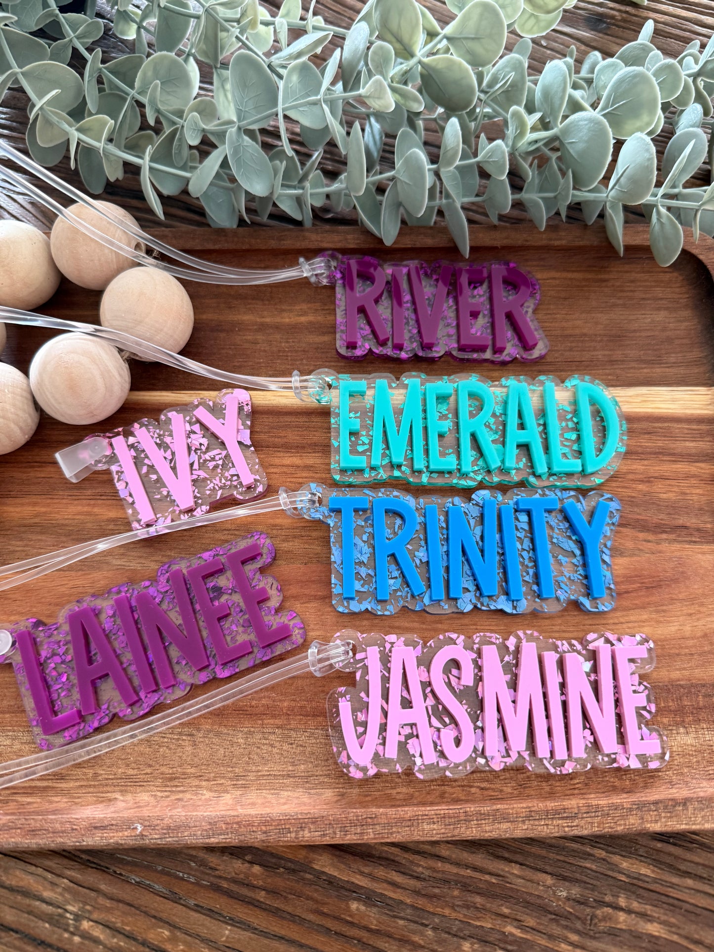 Tinsel Glitter Bag Tag - Custom Name Acrylic Backpack Keychain
