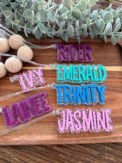 Tinsel Glitter Bag Tag - Custom Name Acrylic Backpack Keychain