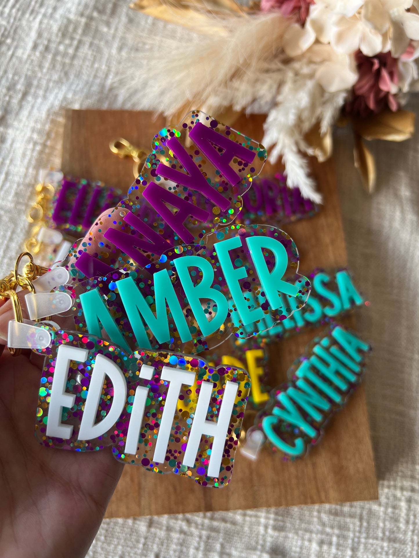 Confetti Glitter Bag Tag — Custom Kids School Backpack Keychain