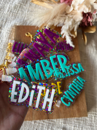 Confetti Glitter Bag Tag — Custom Kids School Backpack Keychain