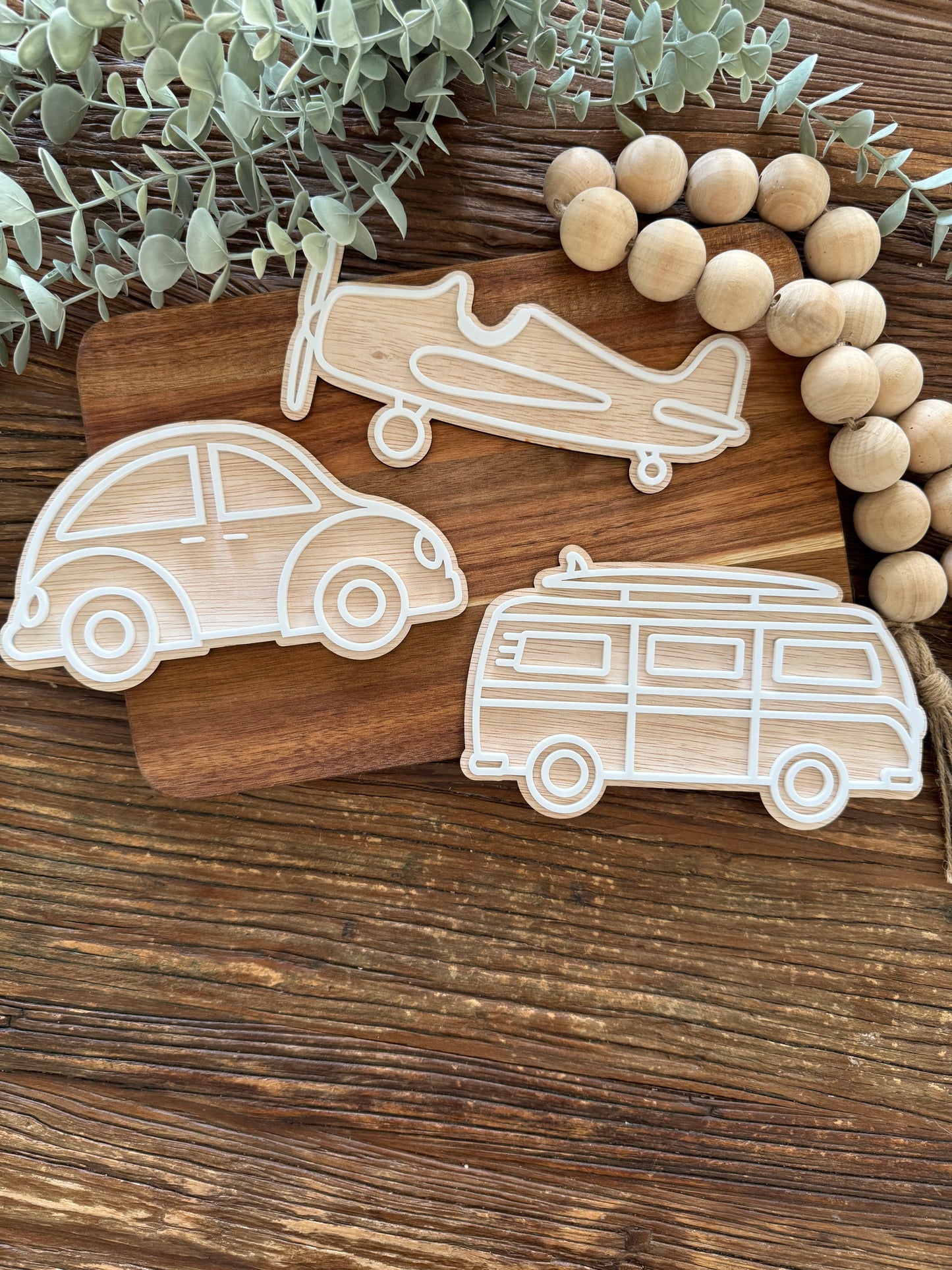 Kids Room Wall Hanging Set — Car Van Plane Wooden Transport Nursery Decor