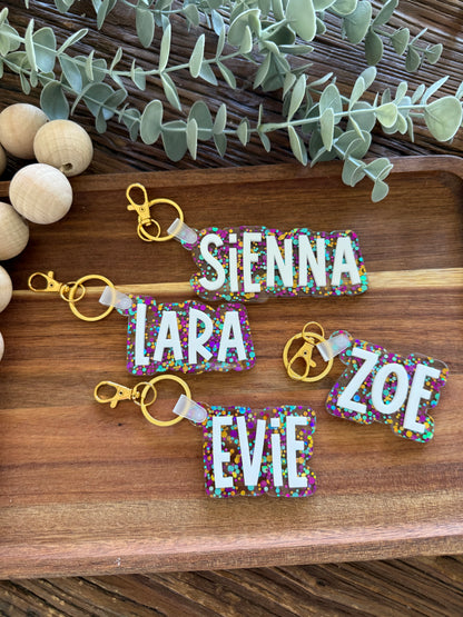 Confetti Glitter Bag Tag — Custom Kids School Backpack Keychain