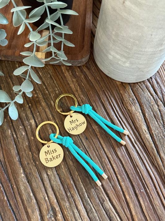 Personalised Teacher Keyring with Gold Disc Rope Tassel -End of Year Thank You Gift