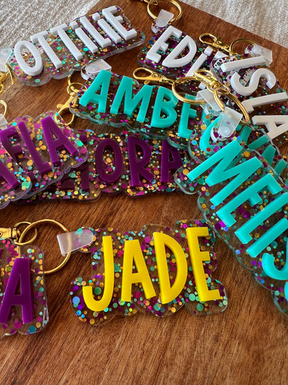 Confetti Glitter Bag Tag — Custom Kids School Backpack Keychain