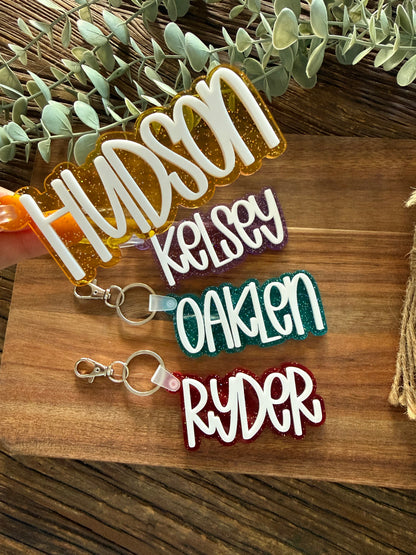 Jelly Glitter Bag Tag — Custom Kids School Backpack Keychain