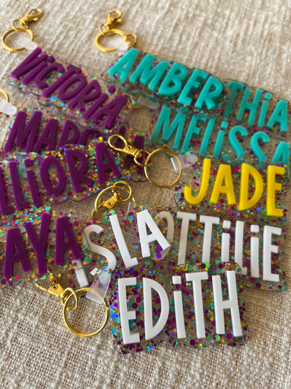 Confetti Glitter Bag Tag — Custom Kids School Backpack Keychain