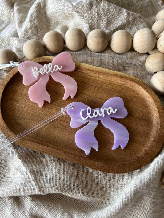 Bow Bag Tag | Pearl Acrylic Bow Shaped Name Tag Keychain
