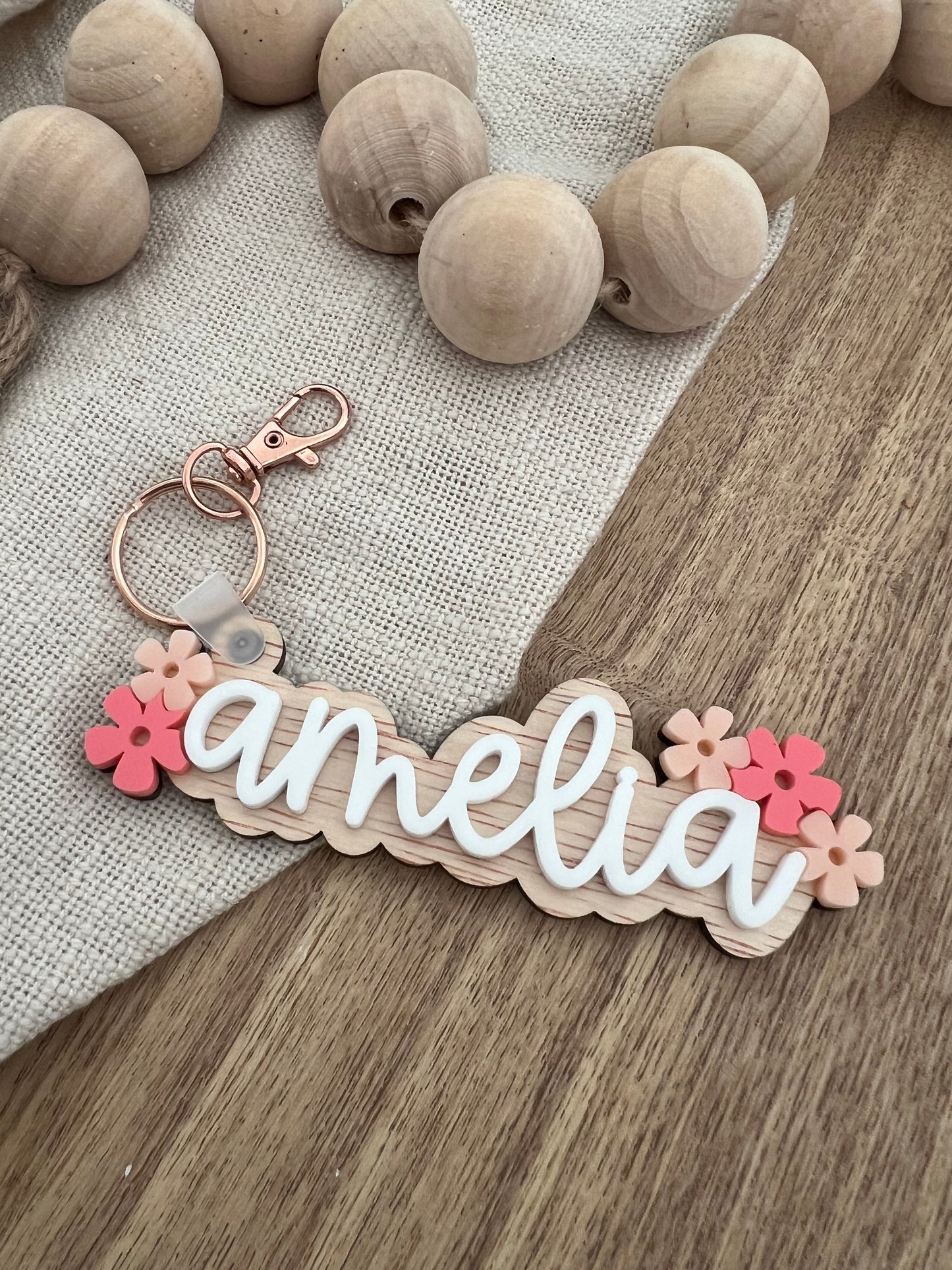 Flower Power Keychain | Personalised Timber Name Bag Tag
