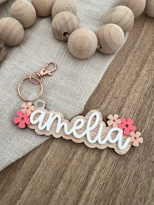 Flower Power Keychain | Personalised Timber Name Bag Tag