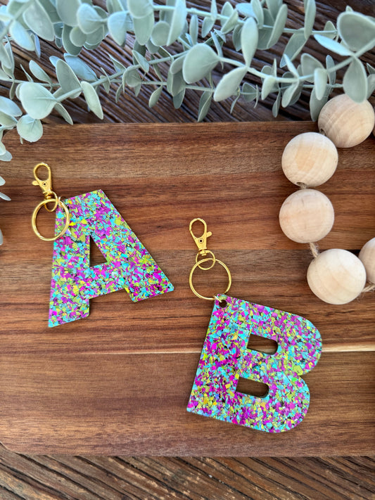 Large Chunky Glitter Initial Keychain — Letter Bag Tag Gift
