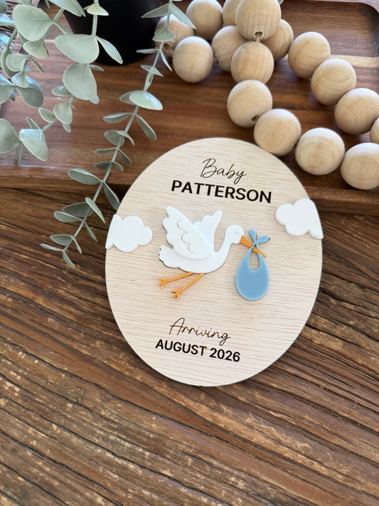 Personalised Wooden Pregnancy Announcement - Oval Shaped Stork Plaque