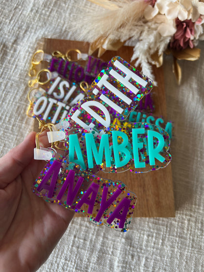Confetti Glitter Bag Tag — Custom Kids School Backpack Keychain