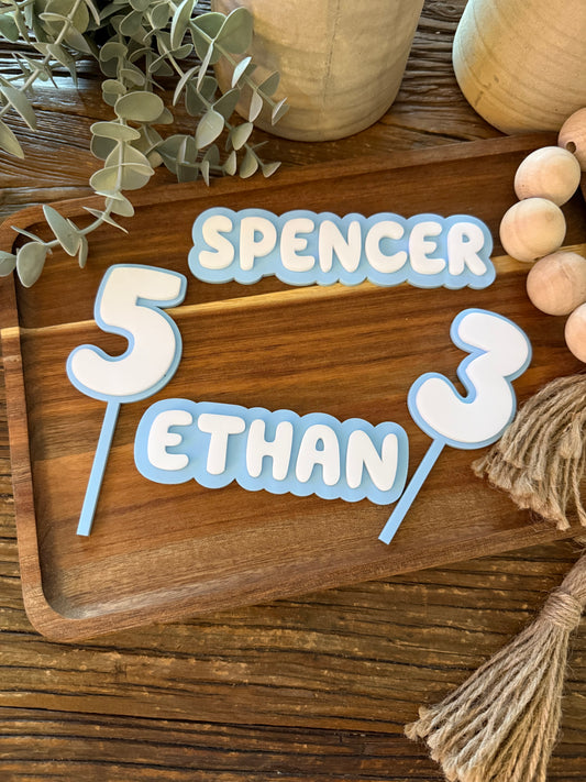 Layered Custom Name Birthday Cake Fropper + Number Topper - Blue Dog