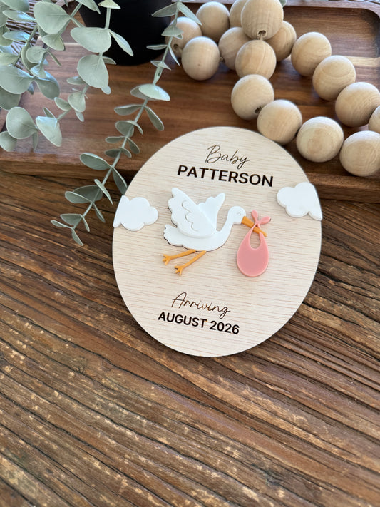 Personalised Wooden Pregnancy Announcement - Oval Shaped Stork Plaque