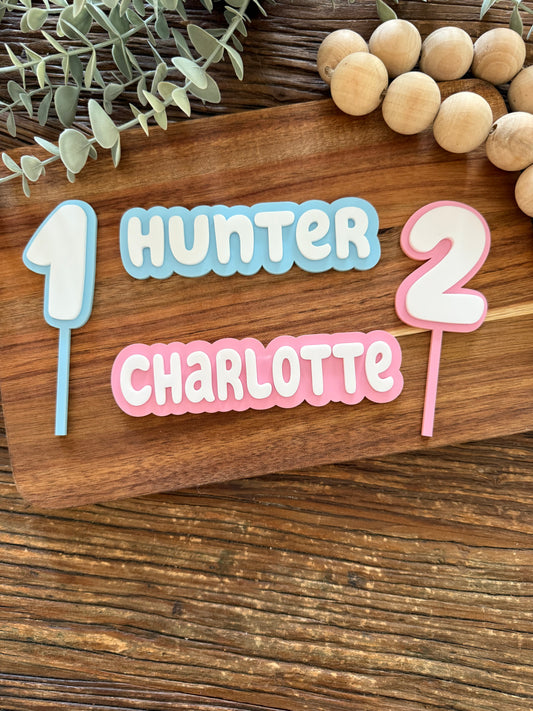 Layered Custom Name Birthday Cake Fropper + Number Topper - Blue Dog