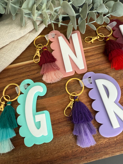 Initial Scalloped Tag with Tassel Keyring