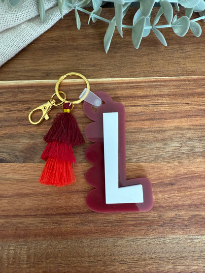Initial Scalloped Tag with Tassel Keyring